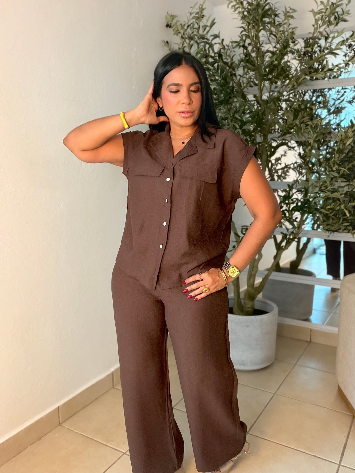 Ellas Choco Brown Luxe Set de Pantalòn, Blusa y correa.  Expandible y suelto total