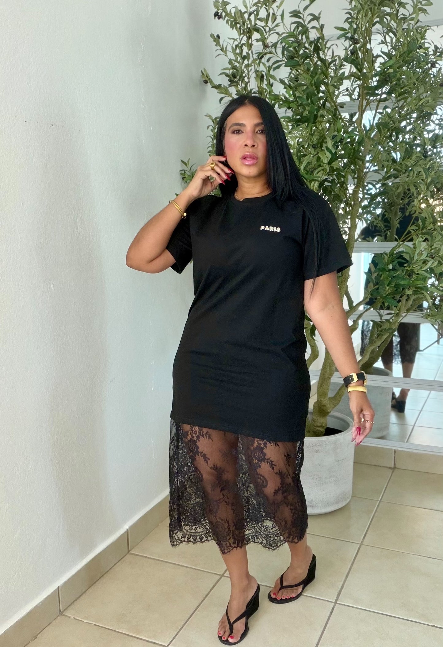 Paris Black Cotton and Premium Lace Spandex Shirt Dress (correa incluìda) color negro (SOLD OUT GRACIAS)