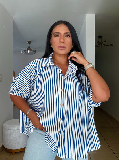 Ocean Blue Blue and White Oversized Stripe De Lujo Blusón