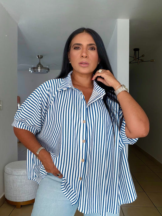 Ocean Blue Blue and White Oversized Stripe De Lujo Blusón