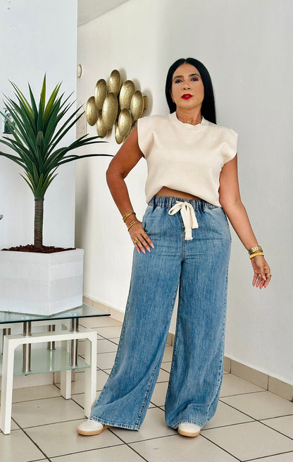 Wide Leg Spandex Blue Denim Pants