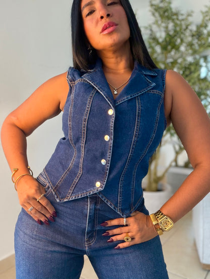 Dark Blue Denim Spandex Vest TopCalidad Extra Mega Premium
