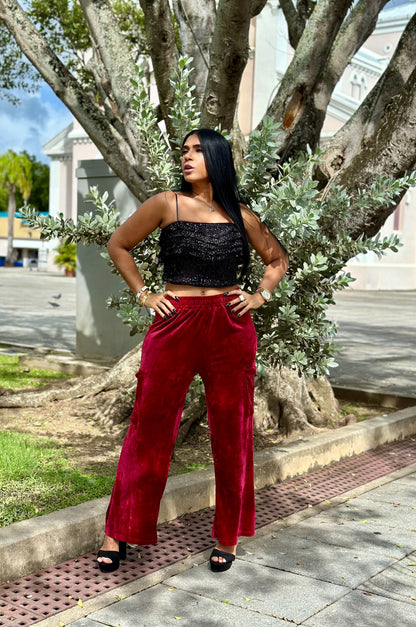 Iana Burgundy Velvet Spandex Cargo Pants