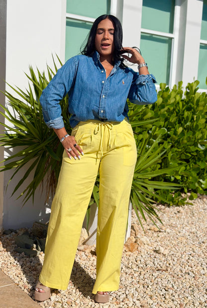 Y definitvamente es mío!! Omg! Yellow Luxe Linen Spandex Pants (elàstico en cintura) Baggy Wide Leg (único color)