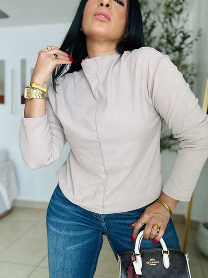 De Lujo Beige Taupé Oversized Spandex Blouse Premium