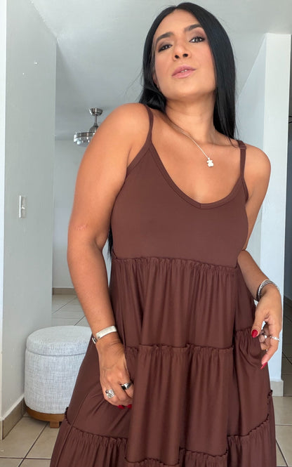Choco Brown Maxi Dress (ajustable en manguillos y tiene bolsillos) PRE ORDEN)