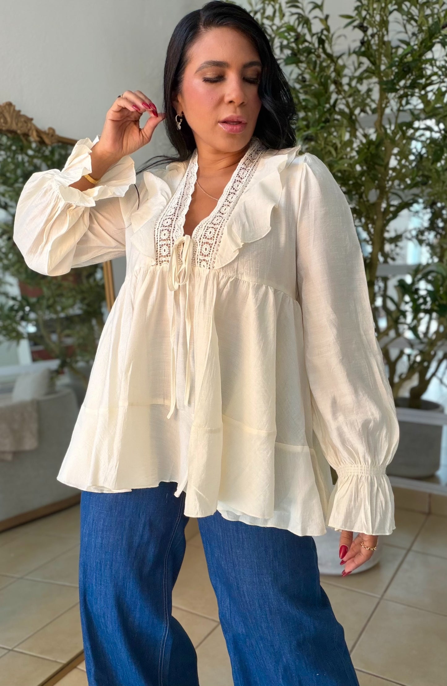 Mujeres Beige Luxe Blouse (mangas spandex)