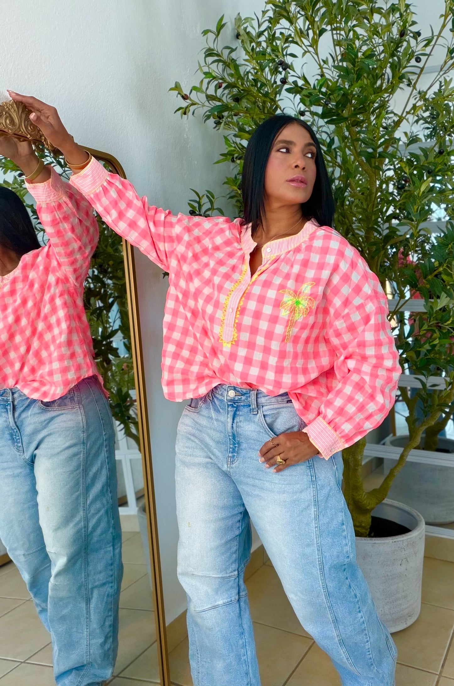 The Palm Luxe Oversized Gingham Blouse (Blusòn Oversized) Neon Multicolor (SOLD OUT GRACIAS)