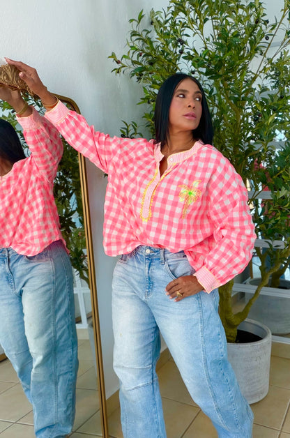 The Palm Luxe Oversized Gingham Blouse (Blusòn Oversized) Neon Multicolor (SOLD OUT GRACIAS)