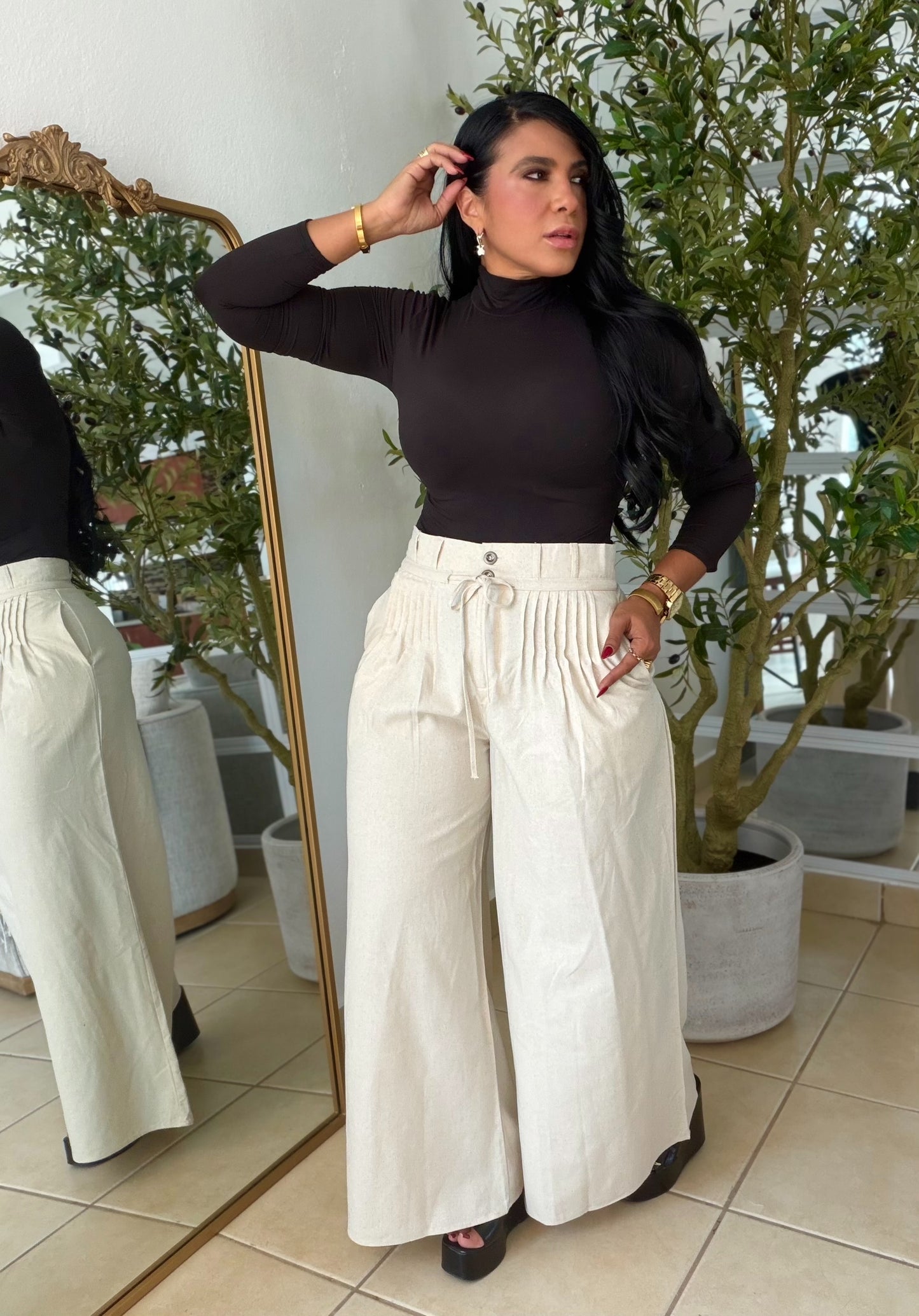 Premium Linen Spandex Pleated Crema Oatmeal Pants Wide Leg