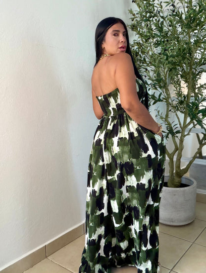 Darimar Wide Leg Spandex De Lujo Jumpsuit (tiene bolsillos y no zipper ni botones Choco Green and White  lìneas Beige. Tiene bolsillos
