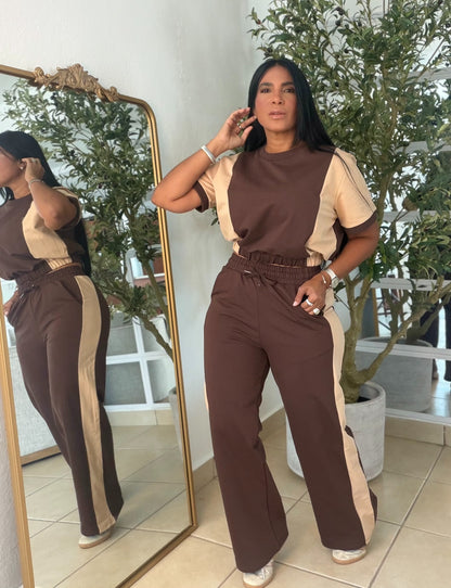 Ava Choco Brown and Beige Spandex Wide Leg Set de Pantalòn y Camisa Con Bolsillos