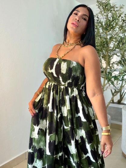 Darimar Wide Leg Spandex De Lujo Jumpsuit (tiene bolsillos y no zipper ni botones Choco Green and White  lìneas Beige. Tiene bolsillos