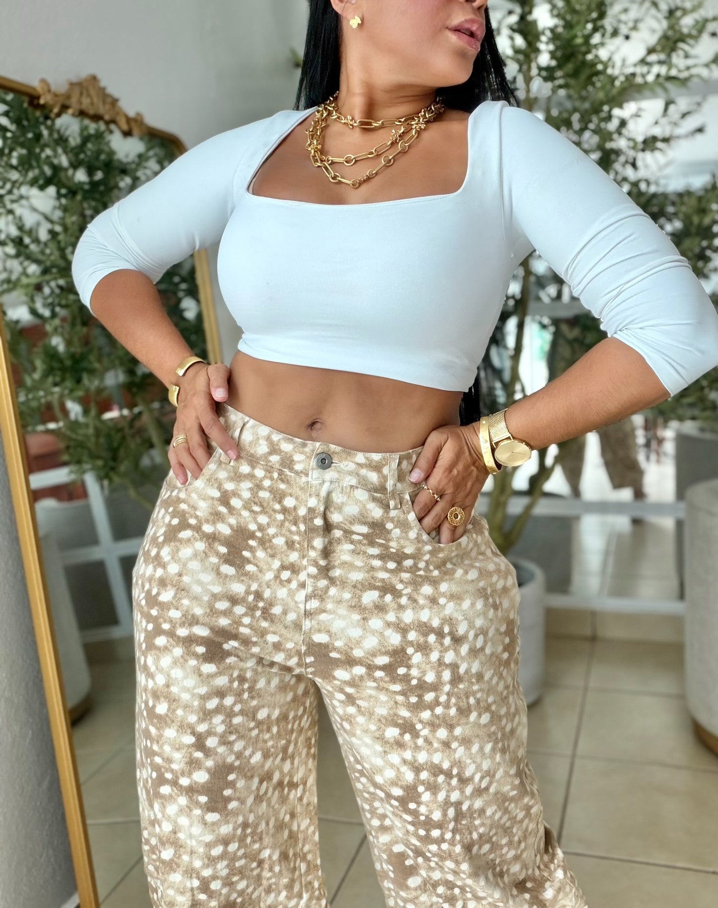 Crema y Choco (beige pintitas and detalles brown) bien expandible barrel Denim Pants (SOLD OUT GRACIAS)