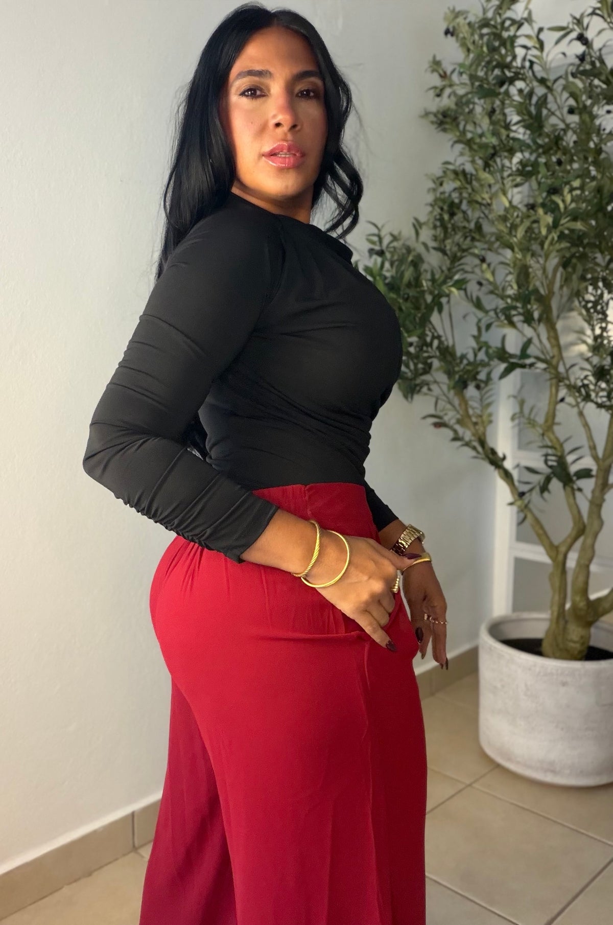 Luxe Red Wine Palazzo Spandex Pants (ben spandex es para quedar suelto porque es palazzo) con bolsillos