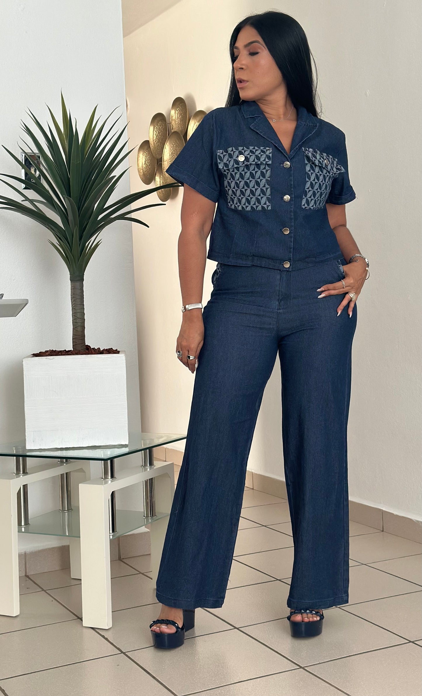 El Perfecto Denim Blue Mega Spandex Top and Pants Set