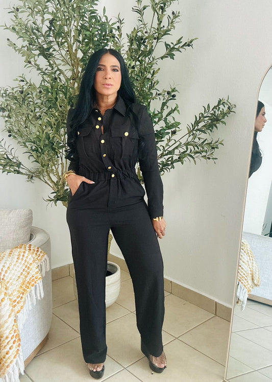 Vallenato Black Spandex Jumpsuit With Pockets (botones dorados)