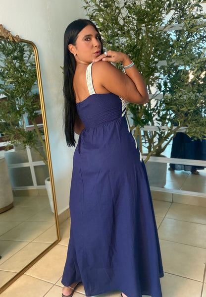 Palacios Crochet and Linen Spandex Doble forro suelto Maxi Dress (azul oscuro marino) Navy Blue
