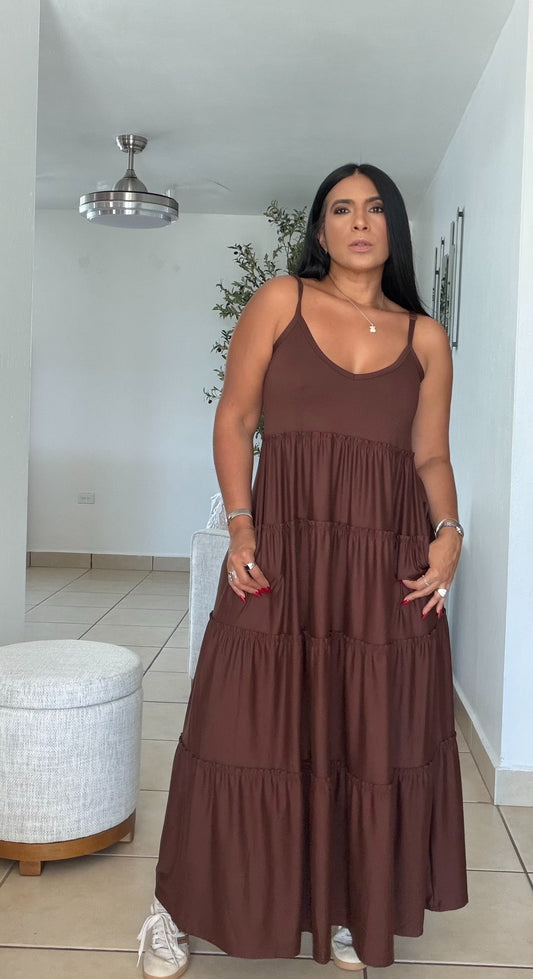 Choco Brown Maxi Dress (ajustable en manguillos y tiene bolsillos) PRE ORDEN)