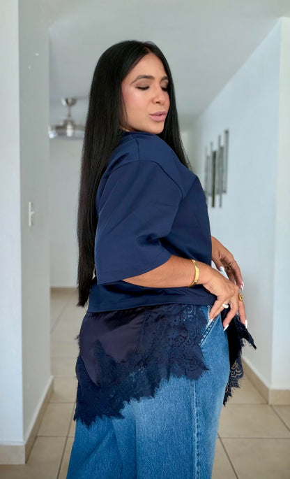 Lulu Oversized Luxe Navy Blue Shirt with lace
