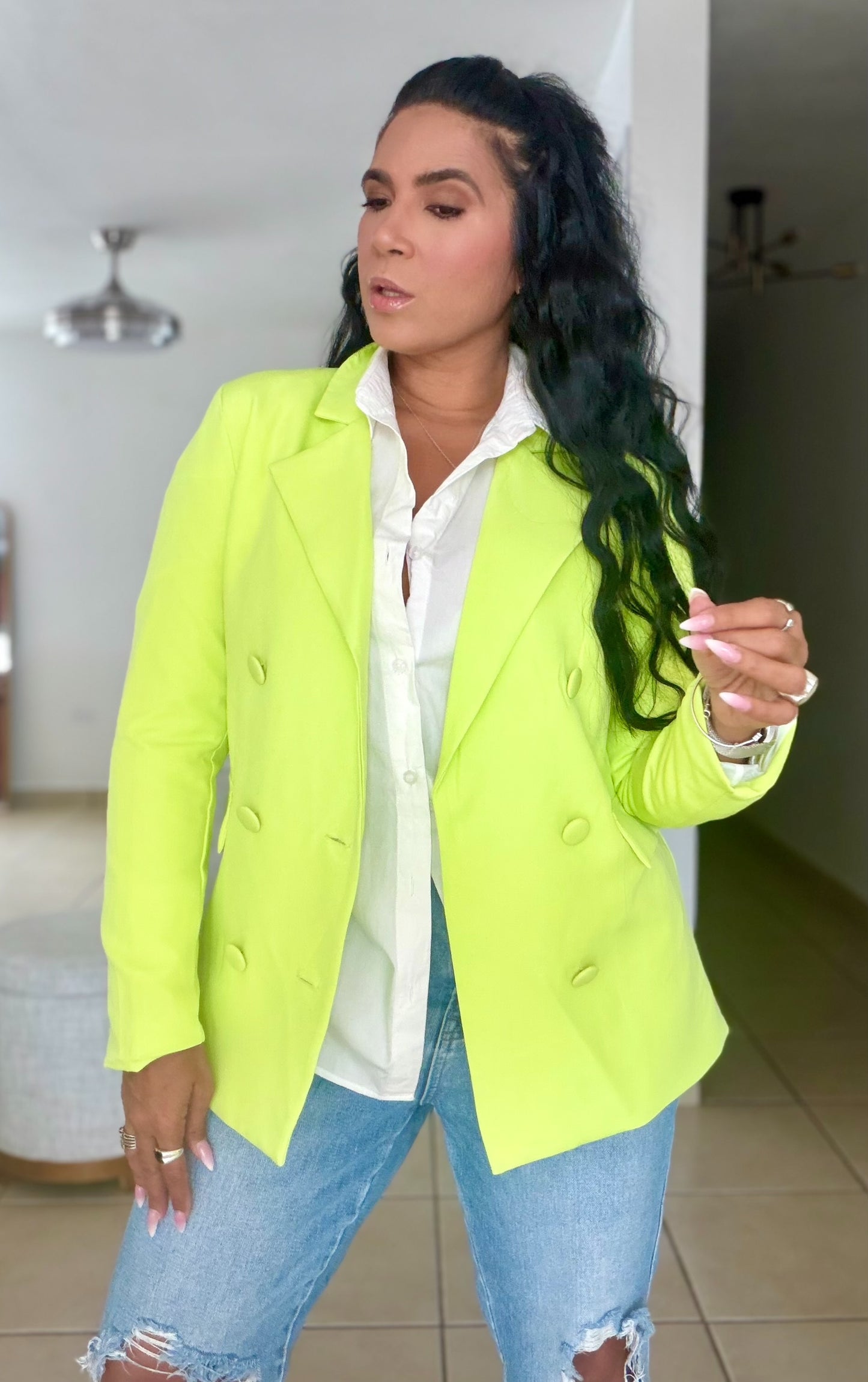 Neon Lime Green Spandex Blazer (puedes utilizar abierto o cerrado) oversized