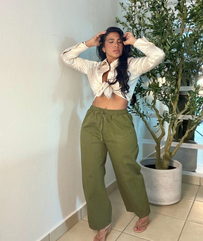 Alma Luxe Olive Spandex Total Baggy Pantalòn con bolsillos. 100% cotton