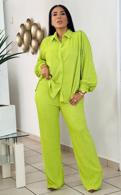 Luvè Lime Oversized Spandex Wide Leg Pants Set (tiene brillitos que no se salen)