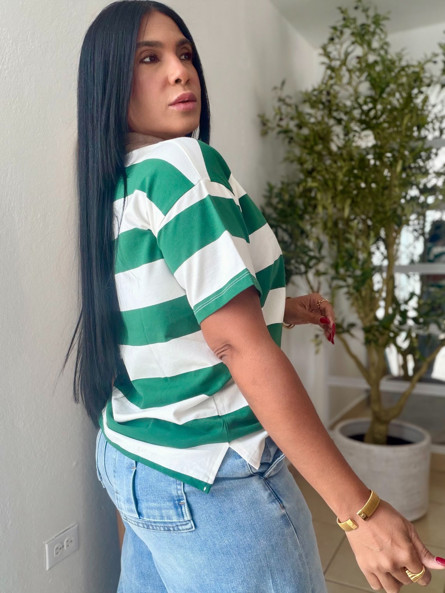 Hunter Green and White Luxe Spandex Mega Premium Striped Polo Shirt