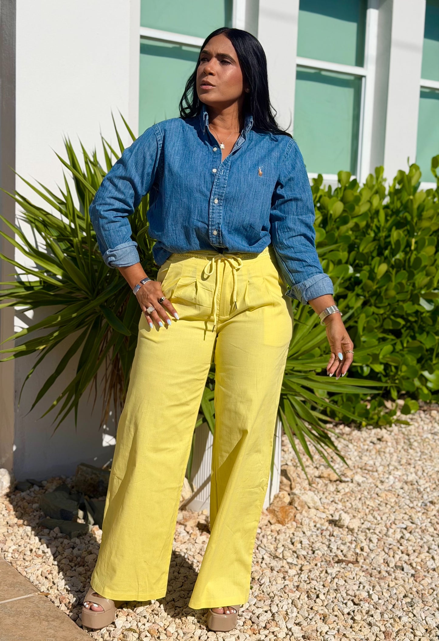 Y definitvamente es mío!! Omg! Yellow Luxe Linen Spandex Pants (elàstico en cintura) Baggy Wide Leg (único color)