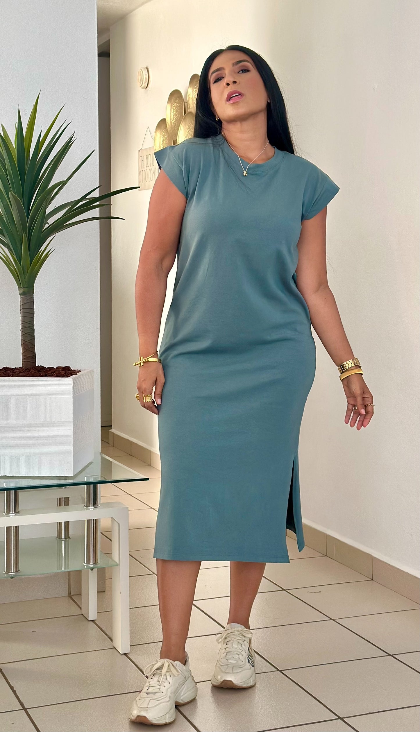 Teal Gray Barcelona Cotton Spandex Sporty Midi Dress (bien cómodo y expandible). Puesto small