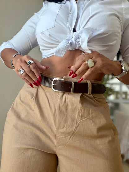 Y definitvamente es mío!! Omg! Tan Beige Luxe Linen Spandex Pants (incluye correa y es bien expandible!)Baggy Wide Leg (SOLD OUT)