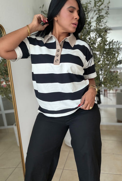 Blacky Black and White Luxe Spandex Premium Striped Polo Shirt (camisa con lìneas color negro) SOLD OUT