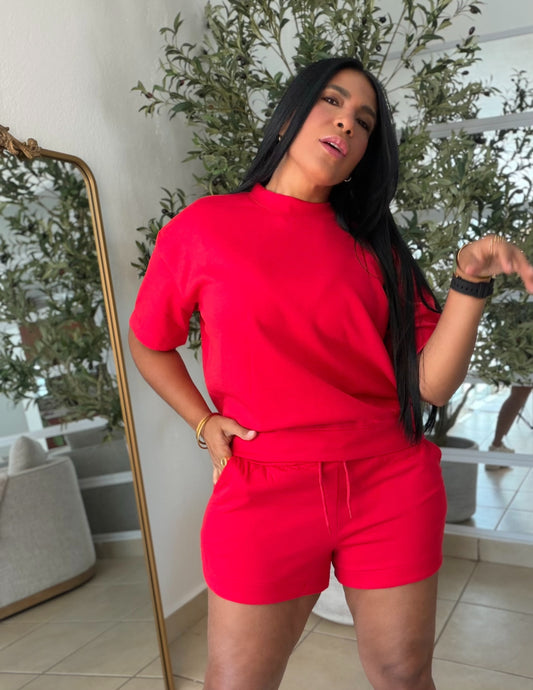 Rojo Red De lujo Oversized Top and Shorts Spandex Sporty Set
