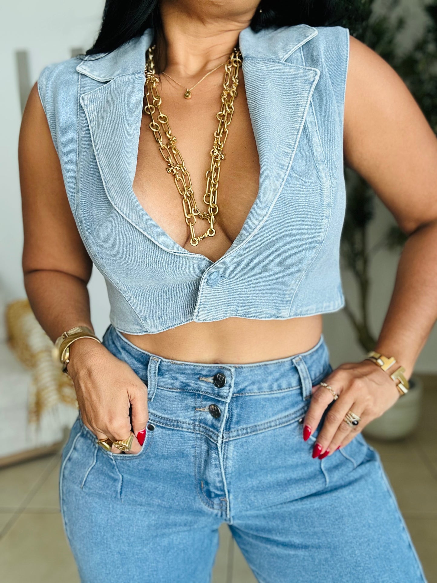 Denim Blue Spandex (bastante) Vest Top (lo puedes utilizar con un top debajo también