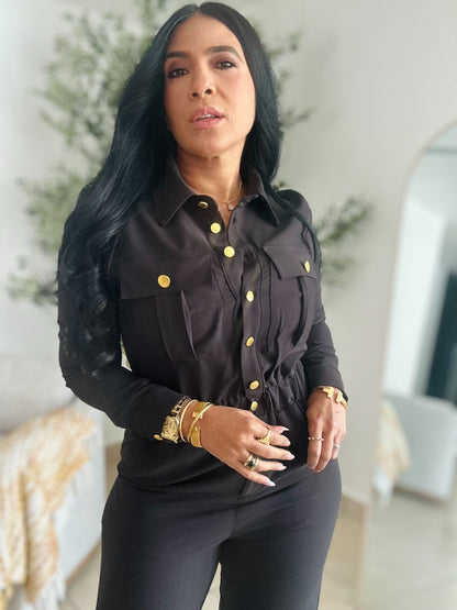 Vallenato Black Spandex Jumpsuit With Pockets (botones dorados)
