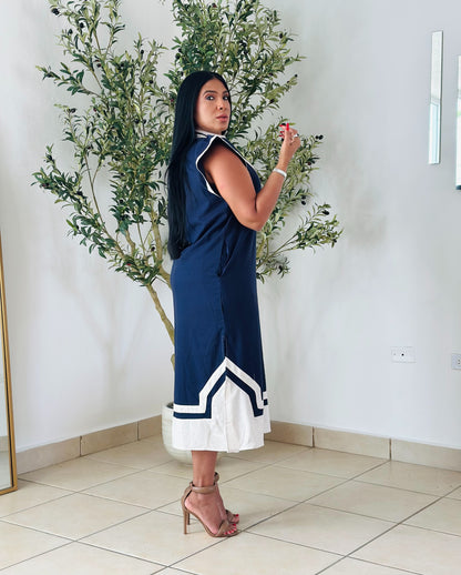 De lujo Ana y Blue Linen Spandex Midi Dress con bolsillos