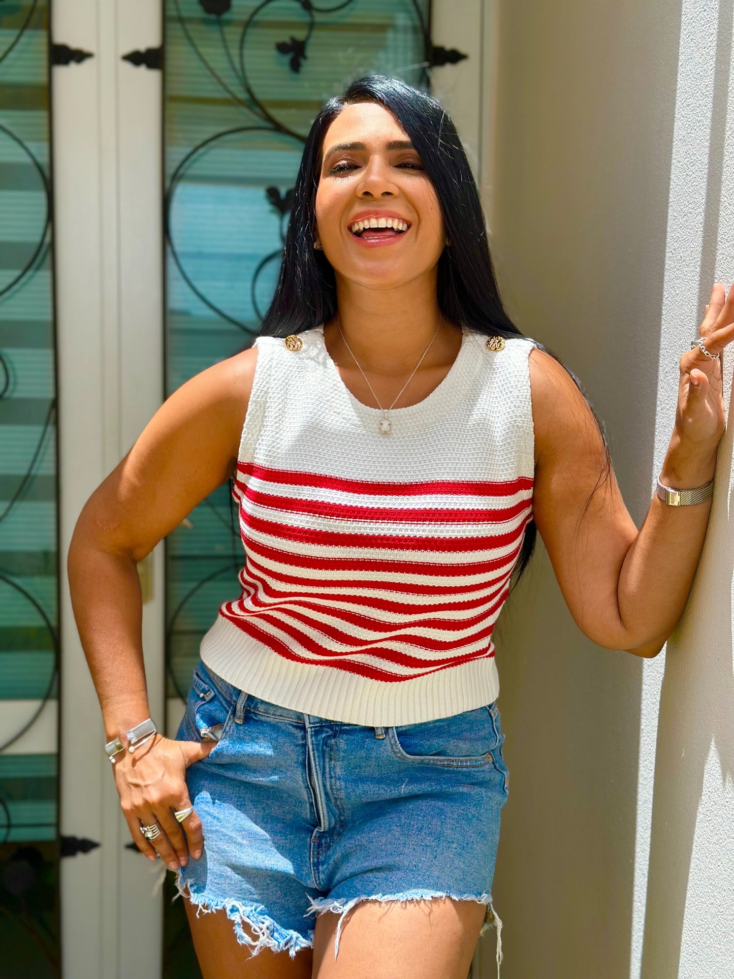 Knit Spandex Marinera Top Red and White