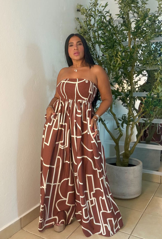 Darimar Wide Leg Spandex De Lujo Jumpsuit (tiene bolsillos y no zipper ni botones Choco Brown and lìneas Beige