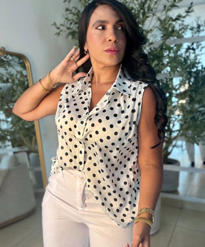 Camisa en Seda Polka Dots White and Bkack