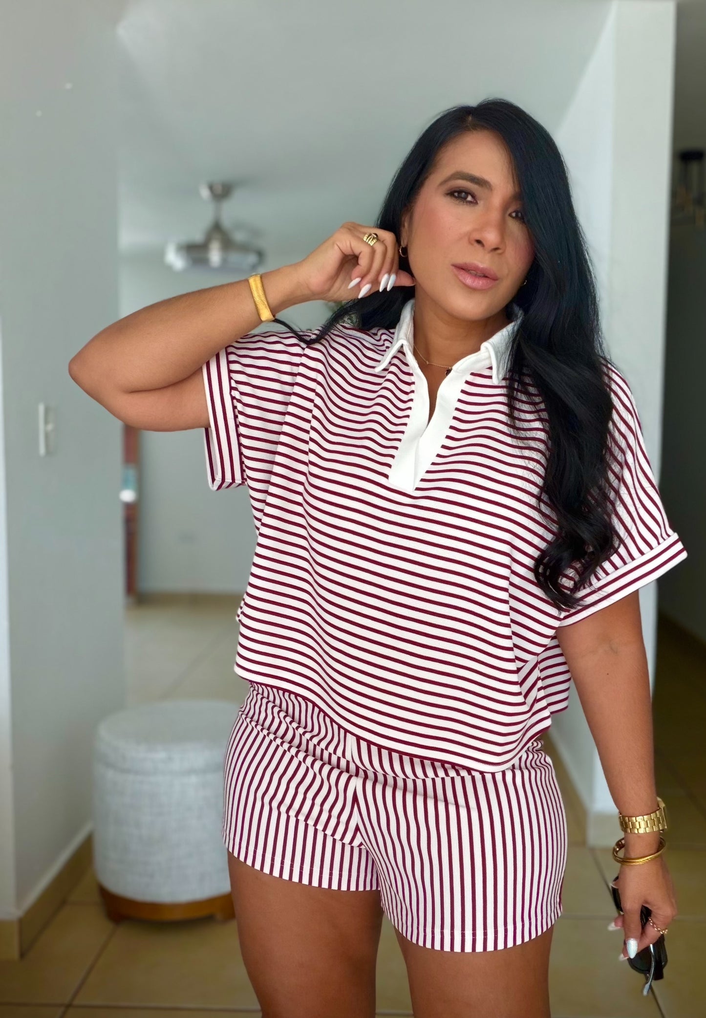 Cabernet Red Striped Spandex Luxe pants and Blusòn Shorts Set