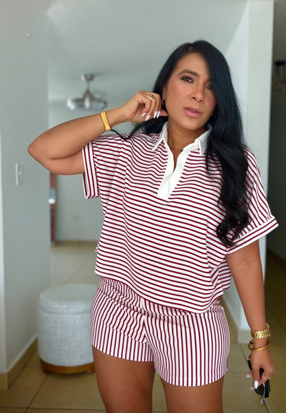 Cabernet Red Striped Spandex Luxe pants and Blusòn Shorts Set