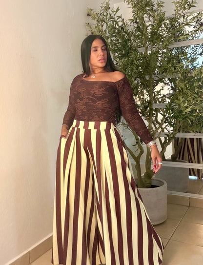 Striped Butter Yellow and Brown Wide Leg Palazzo Pants (Tiene bolsillos) SOLD OUT GRACIAS
