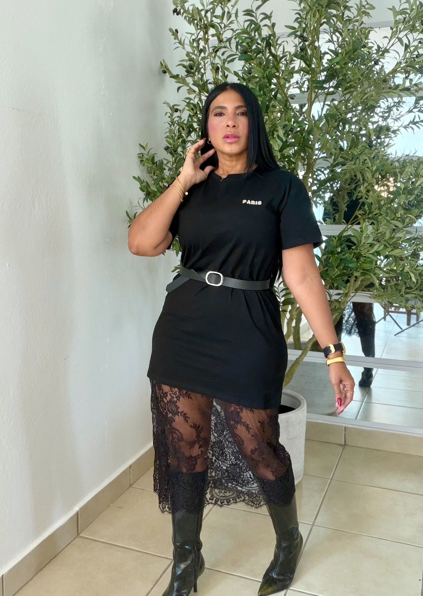 Paris Black Cotton and Premium Lace Spandex Shirt Dress (correa incluìda) color negro (SOLD OUT GRACIAS)