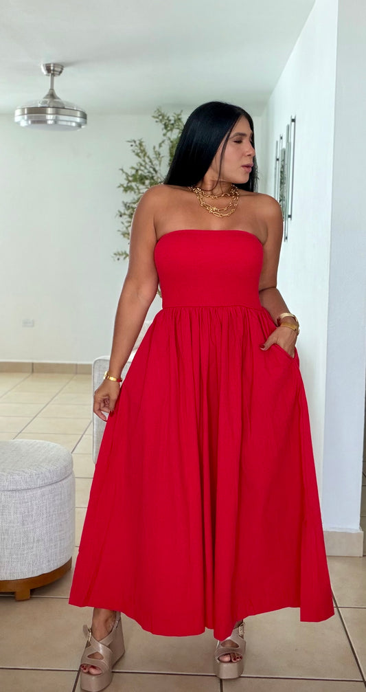 Stunning Red Tube Spandex Midi Dress (demasiado bello!!) tiene bolsillos. No zipper ni botones