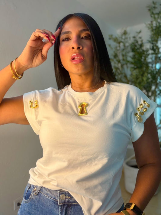 Evalez White 💯 cotton spandex top con de talles dorados ( color blanca) calidad premium( SOLD OUT GRACIAS)