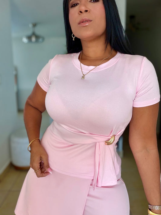 Pink Spandex Cotton Top con detalle dorado