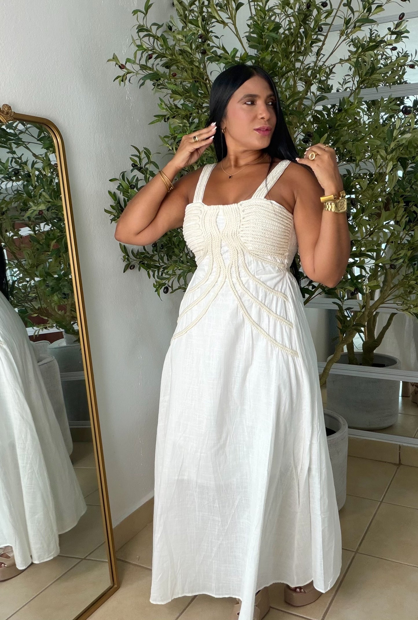 Palacios Crochet and Linen Spandex Doble forro Maxi Dress (NO CLAREA) White(SOLD OUT GRACIAS