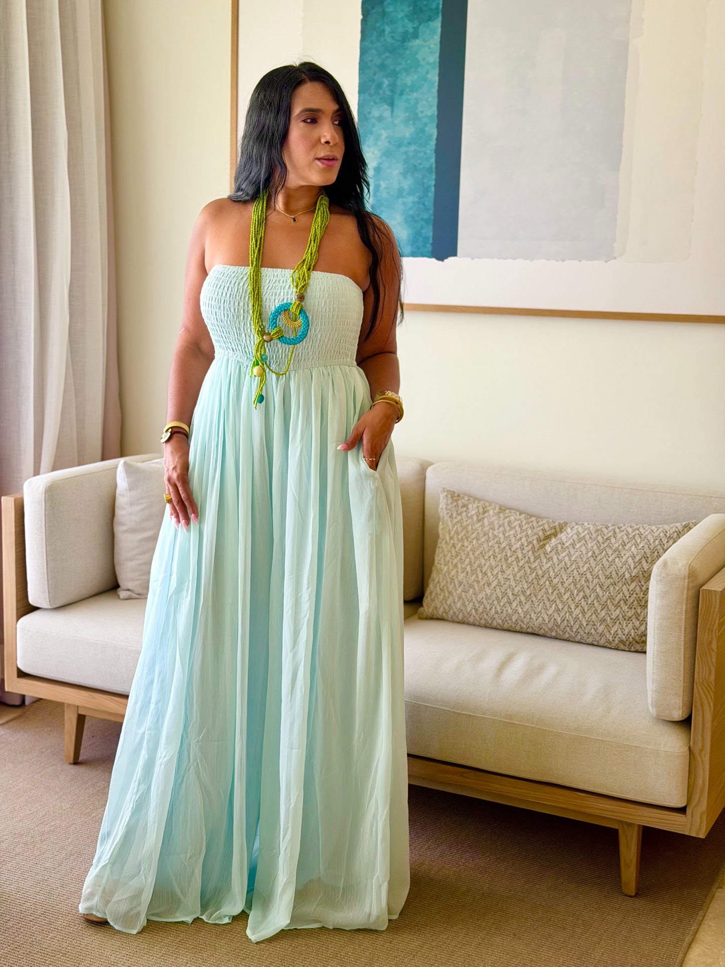 Darimar Wide Leg Spandex De Lujo Jumpsuit (tiene bolsillos y no zipper ni botones)Turquesa Blue (es un lujo de bello)
