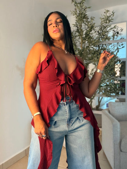 Red Wine Spandex y Ajustable Ruffle Top (COLOR RED WINE) SOLD OUT GRACIAS