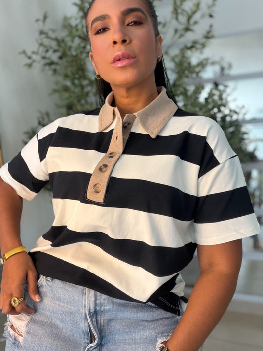 Blacky Black and White Luxe Spandex Premium Striped Polo Shirt (camisa con lìneas color negro)